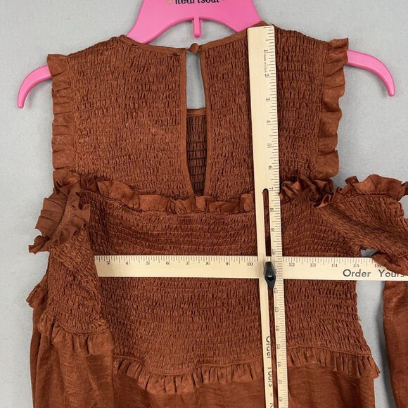 Storia Dress Womens Medium Brown Cold Shoulder Ruffle Smocked Boho Babydoll Y2K - Picture 9 of 13